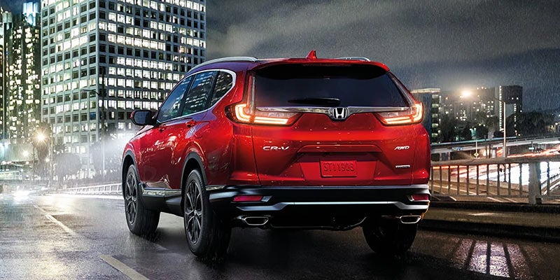 A photo of the rear end of a red 2021 Honda CR-V